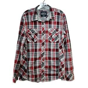 Button Front Shirt Men's Slim Fit Large Red Black Plaid Stretch Buckle Black BKE